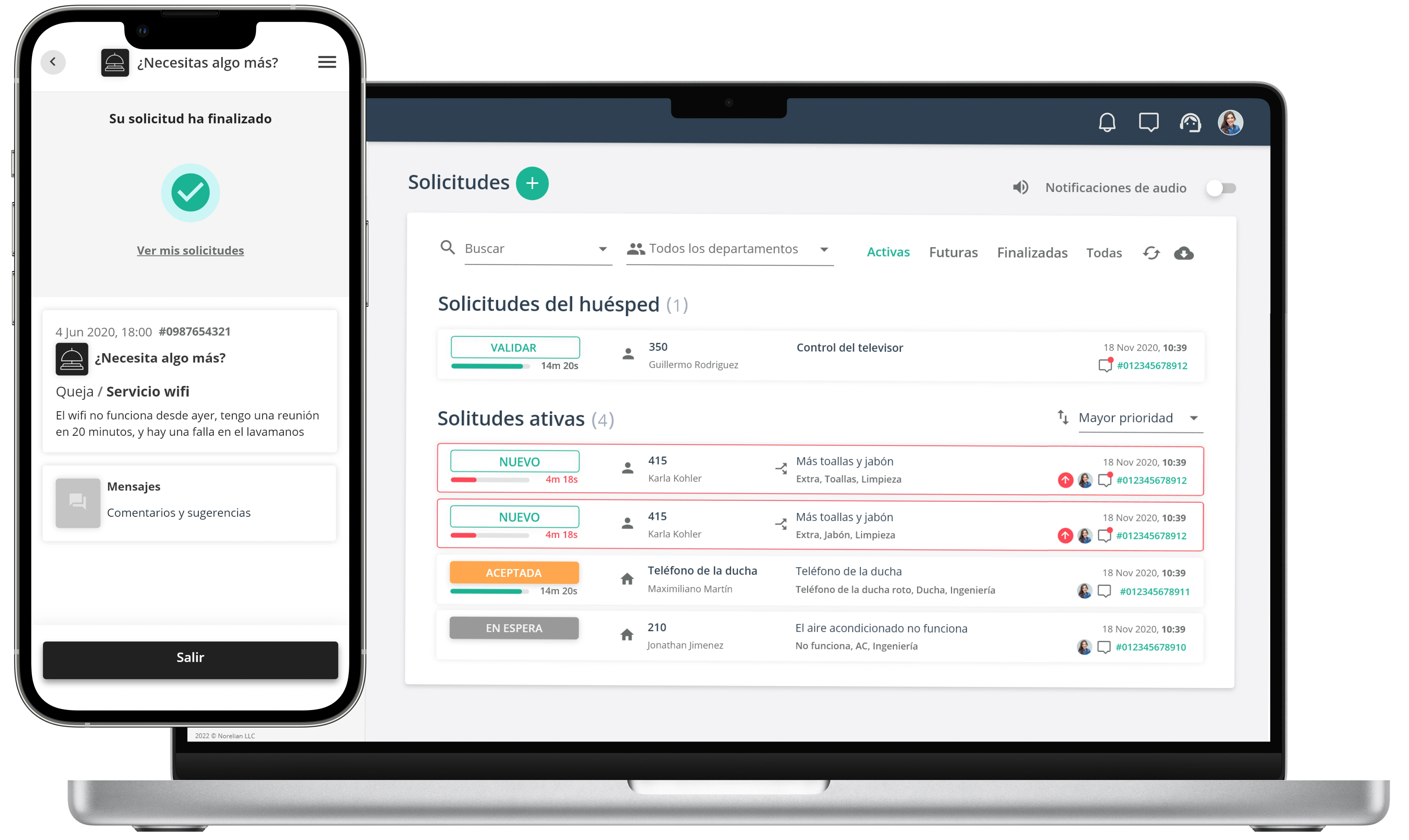 Seguimiento de solicitudes del huésped en GuestApp y monitoreo de solicitudes